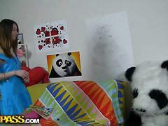 This a matter of joke porn video starts with a frisky teen drawing her big panda bear. She tried real hard to make a admirable picture, but still the panda didn't like it. Why? Well, the angel forgot to draw something the panda's very proud of - his pink super dildo! The angry bear's gonna educate the forgetful hotty a lesson, making her suck that big thong on. The gorgeous chick and the lascivious panda end up fucking like eager, and I bet this sassy sweetheart will not ever ever forget to draw the panda's thong on penis anew. Great ...